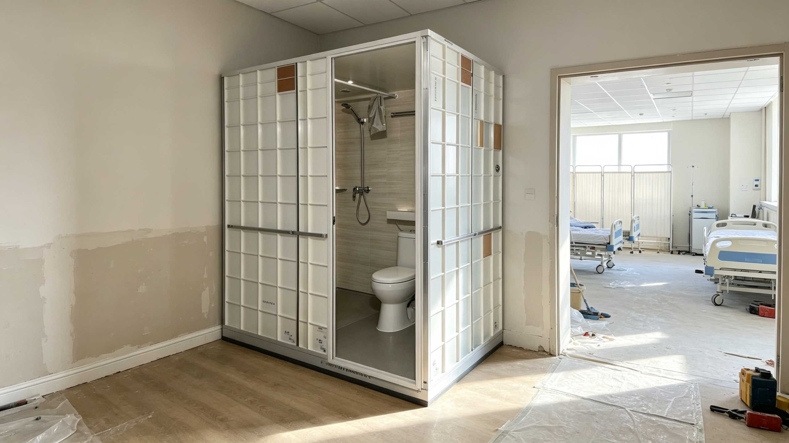 Integrated bathroom pod installed in a hospital