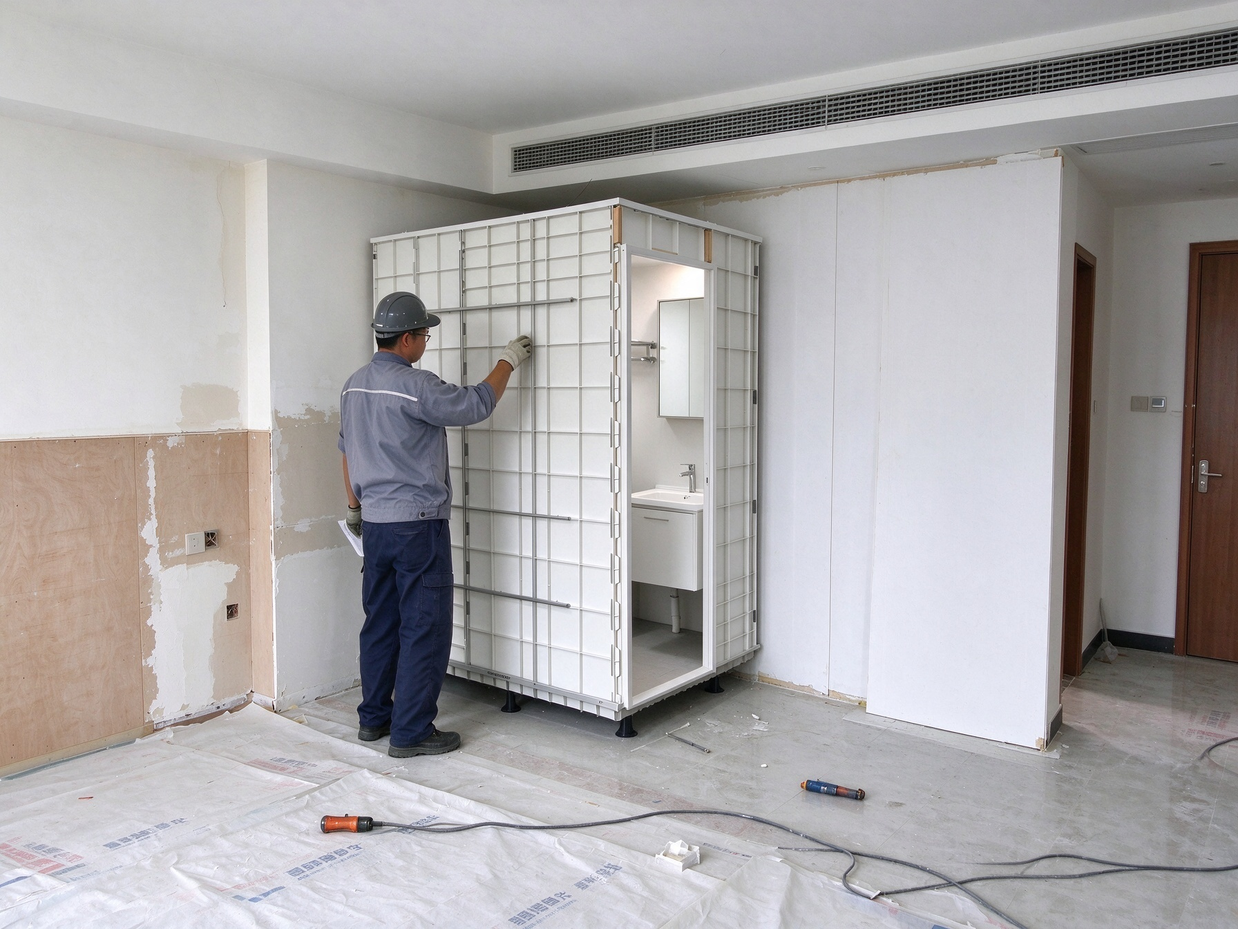 Hotel modular bathroom pod installation